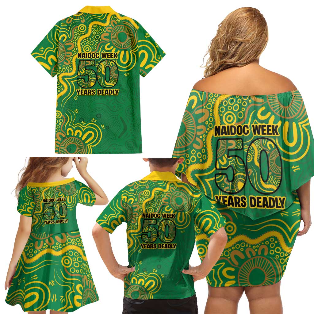 First Nations Darts NAIDOC 2026 Family Matching Off Shoulder Short Dress and Hawaiian Shirt Aboriginal Dot Art Dartboard Green