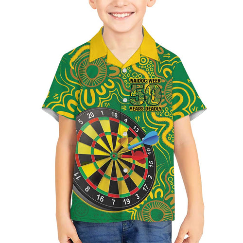 First Nations Darts NAIDOC 2026 Family Matching Off Shoulder Short Dress and Hawaiian Shirt Aboriginal Dot Art Dartboard Green