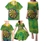 First Nations Darts NAIDOC 2026 Family Matching Puletasi and Hawaiian Shirt Aboriginal Dot Art Dartboard Green
