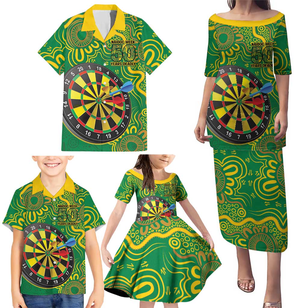 First Nations Darts NAIDOC 2026 Family Matching Puletasi and Hawaiian Shirt Aboriginal Dot Art Dartboard Green