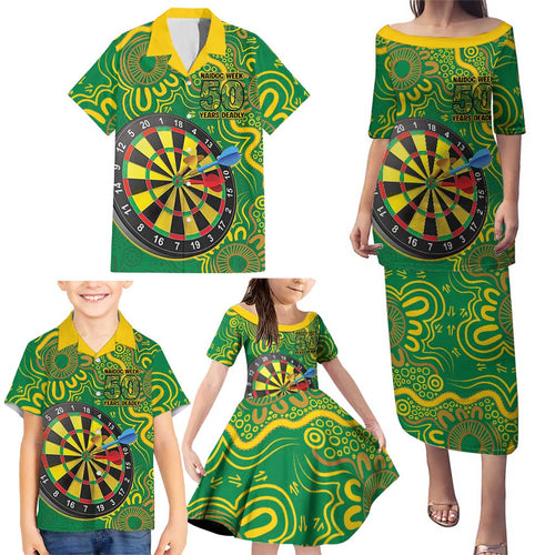 First Nations Darts NAIDOC 2026 Family Matching Puletasi and Hawaiian Shirt Aboriginal Dot Art Dartboard Green