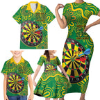 First Nations Darts NAIDOC 2026 Family Matching Short Sleeve Bodycon Dress and Hawaiian Shirt Aboriginal Dot Art Dartboard Green