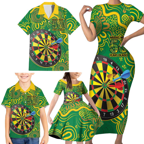 First Nations Darts NAIDOC 2026 Family Matching Short Sleeve Bodycon Dress and Hawaiian Shirt Aboriginal Dot Art Dartboard Green
