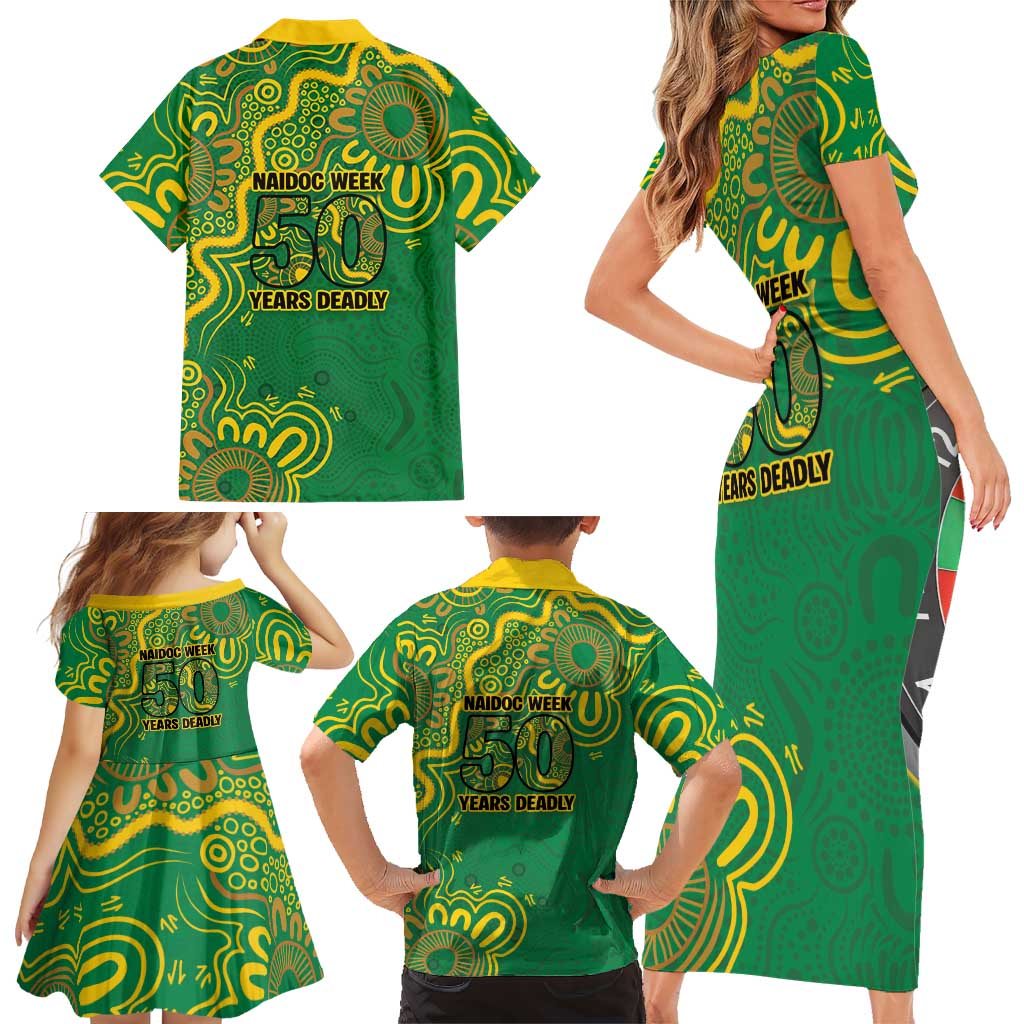 First Nations Darts NAIDOC 2026 Family Matching Short Sleeve Bodycon Dress and Hawaiian Shirt Aboriginal Dot Art Dartboard Green