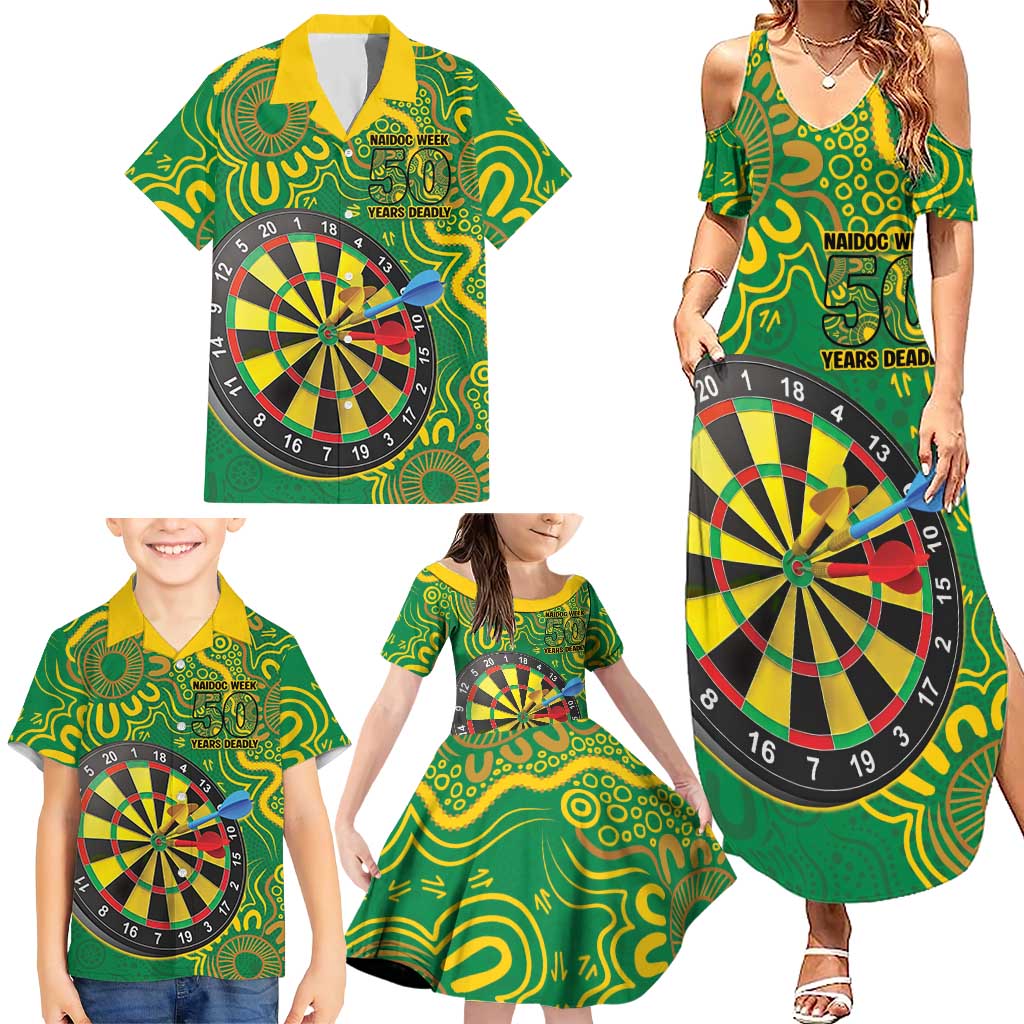 First Nations Darts NAIDOC 2026 Family Matching Summer Maxi Dress and Hawaiian Shirt Aboriginal Dot Art Dartboard Green