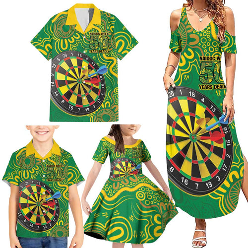 First Nations Darts NAIDOC 2026 Family Matching Summer Maxi Dress and Hawaiian Shirt Aboriginal Dot Art Dartboard Green
