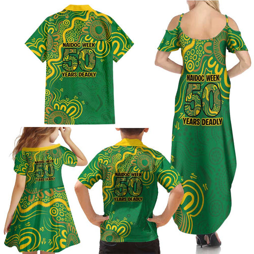 First Nations Darts NAIDOC 2026 Family Matching Summer Maxi Dress and Hawaiian Shirt Aboriginal Dot Art Dartboard Green