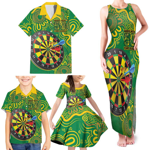 First Nations Darts NAIDOC 2026 Family Matching Tank Maxi Dress and Hawaiian Shirt Aboriginal Dot Art Dartboard Green