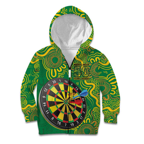 First Nations Darts NAIDOC 2026 Kid Hoodie Aboriginal Dot Art Dartboard Green