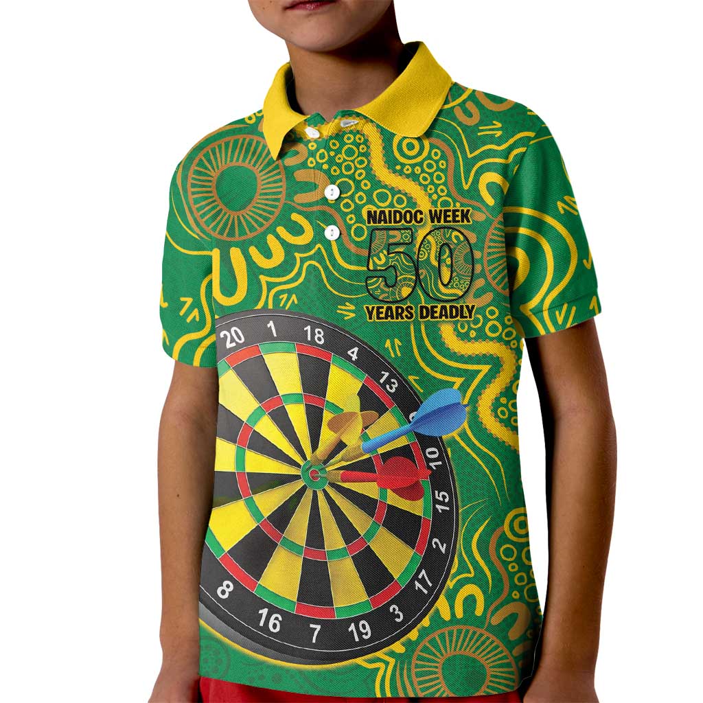 First Nations Darts NAIDOC 2026 Kid Polo Shirt Aboriginal Dot Art Dartboard Green
