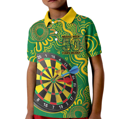 First Nations Darts NAIDOC 2026 Kid Polo Shirt Aboriginal Dot Art Dartboard Green