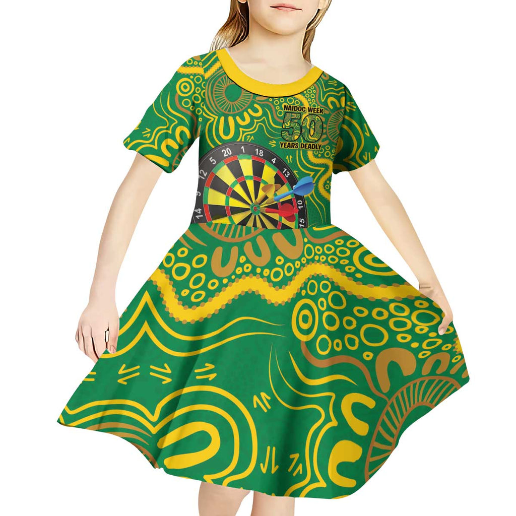 First Nations Darts NAIDOC 2026 Kid Short Sleeve Dress Aboriginal Dot Art Dartboard Green