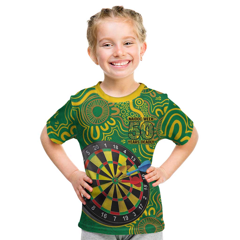 First Nations Darts NAIDOC 2026 Kid T Shirt Aboriginal Dot Art Dartboard Green