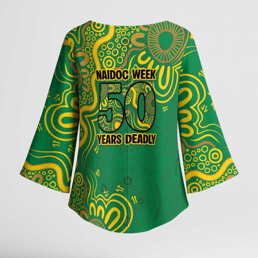 First Nations Darts NAIDOC 2026 Kimono Sleeve Blouse Aboriginal Dot Art Dartboard Green