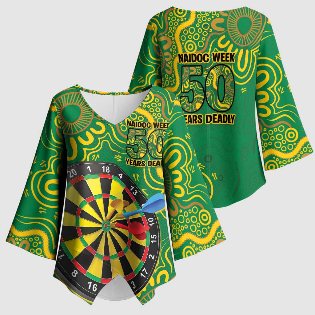 First Nations Darts NAIDOC 2026 Kimono Sleeve Blouse Aboriginal Dot Art Dartboard Green