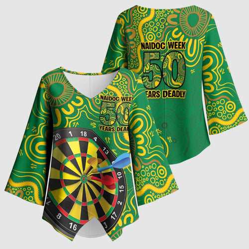 First Nations Darts NAIDOC 2026 Kimono Sleeve Blouse Aboriginal Dot Art Dartboard Green
