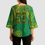 First Nations Darts NAIDOC 2026 Kimono Sleeve Blouse Aboriginal Dot Art Dartboard Green