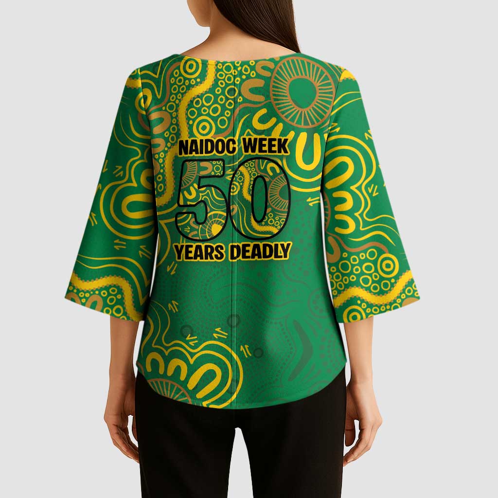 First Nations Darts NAIDOC 2026 Kimono Sleeve Blouse Aboriginal Dot Art Dartboard Green