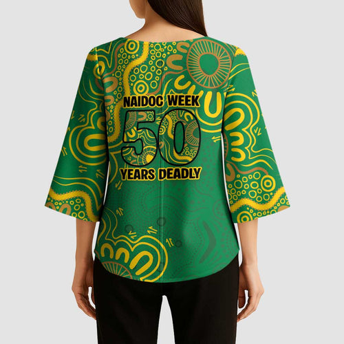 First Nations Darts NAIDOC 2026 Kimono Sleeve Blouse Aboriginal Dot Art Dartboard Green