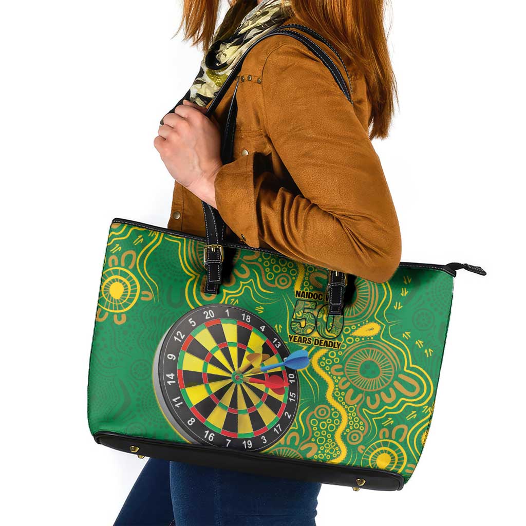 First Nations Darts NAIDOC 2026 Leather Tote Bag Aboriginal Dot Art Dartboard Green