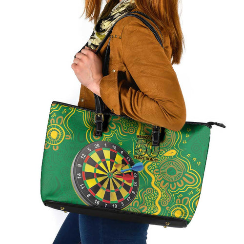 First Nations Darts NAIDOC 2026 Leather Tote Bag Aboriginal Dot Art Dartboard Green