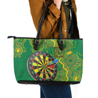 First Nations Darts NAIDOC 2026 Leather Tote Bag Aboriginal Dot Art Dartboard Green