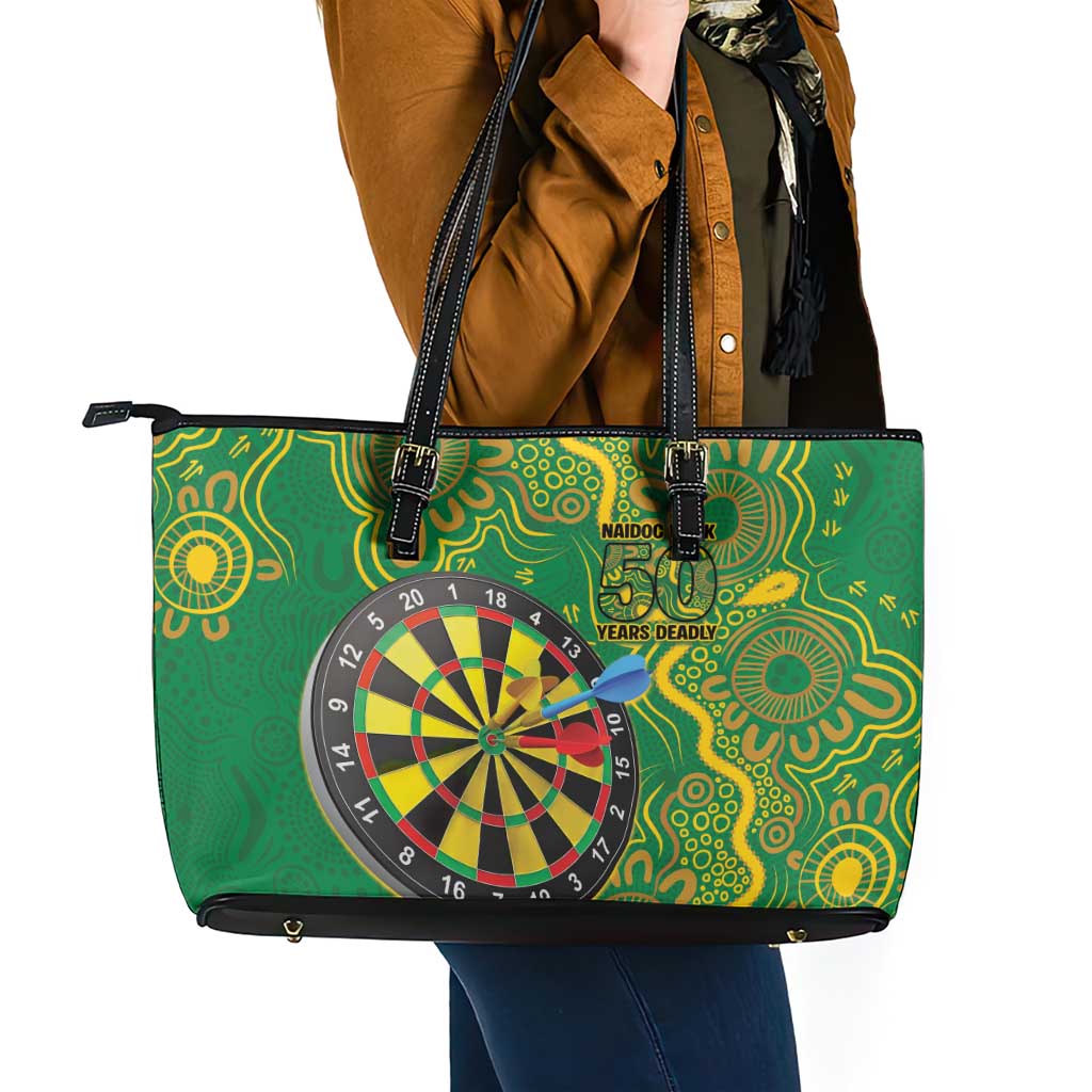 First Nations Darts NAIDOC 2026 Leather Tote Bag Aboriginal Dot Art Dartboard Green