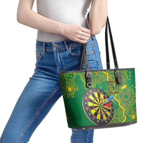 First Nations Darts NAIDOC 2026 Leather Tote Bag Aboriginal Dot Art Dartboard Green