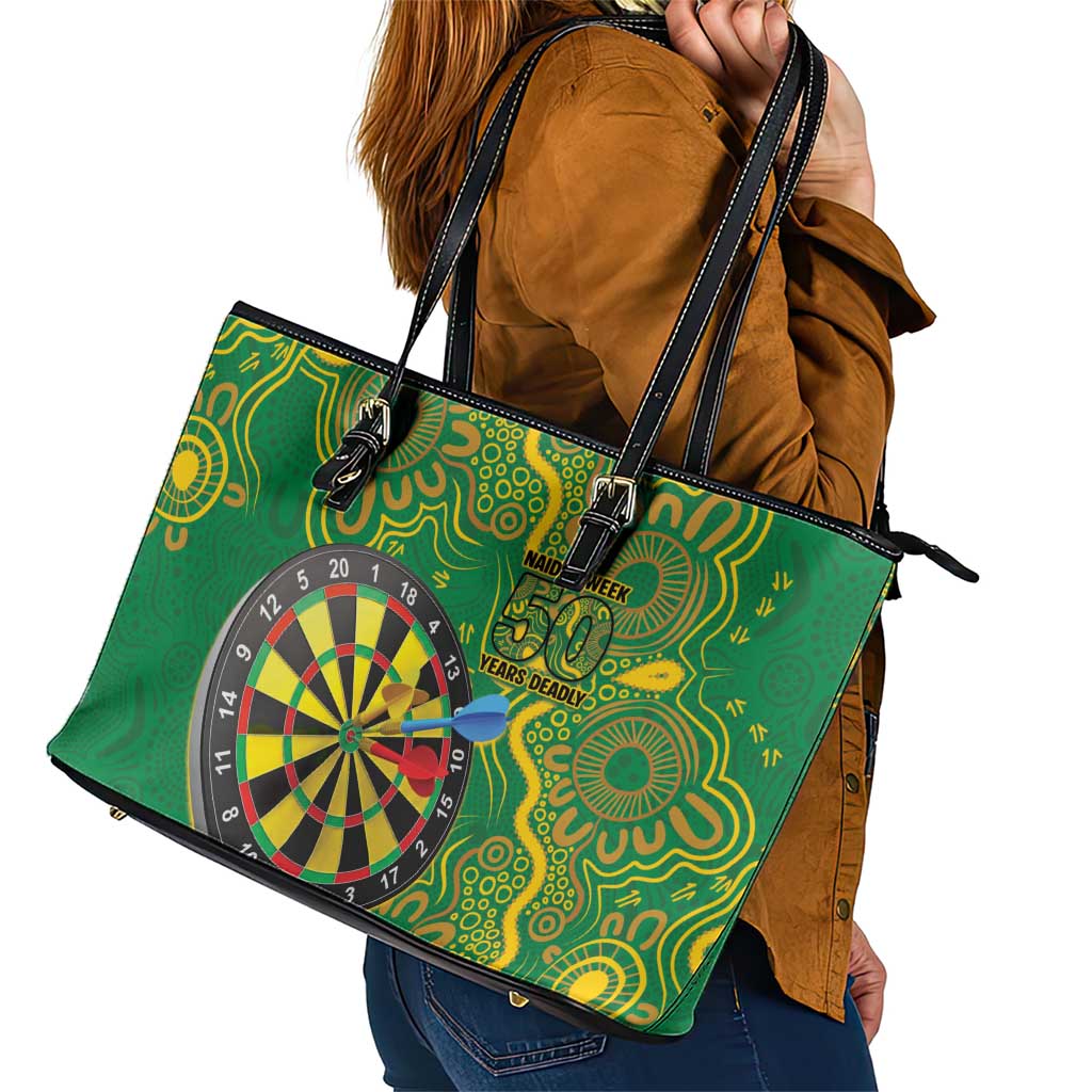 First Nations Darts NAIDOC 2026 Leather Tote Bag Aboriginal Dot Art Dartboard Green