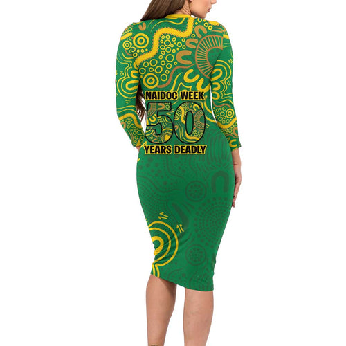 First Nations Darts NAIDOC 2026 Long Sleeve Bodycon Dress Aboriginal Dot Art Dartboard Green