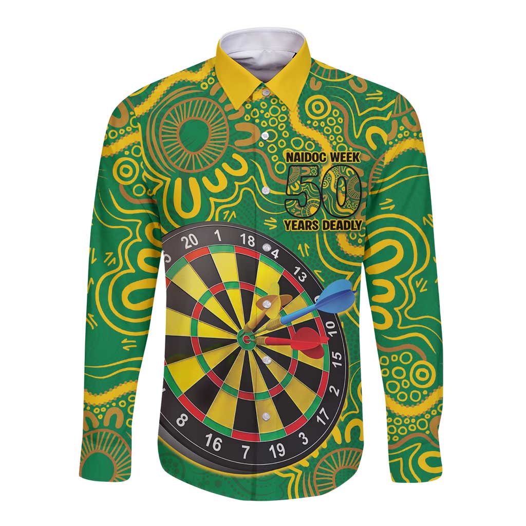 First Nations Darts NAIDOC 2026 Long Sleeve Button Shirt Aboriginal Dot Art Dartboard Green