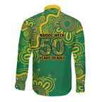 First Nations Darts NAIDOC 2026 Long Sleeve Button Shirt Aboriginal Dot Art Dartboard Green