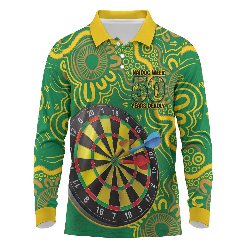 First Nations Darts NAIDOC 2026 Long Sleeve Polo Shirt Aboriginal Dot Art Dartboard Green