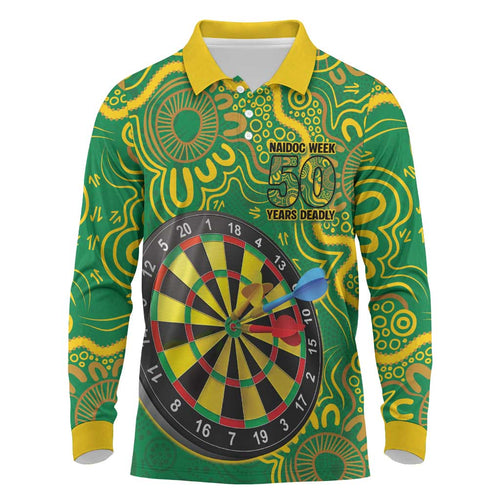 First Nations Darts NAIDOC 2026 Long Sleeve Polo Shirt Aboriginal Dot Art Dartboard Green