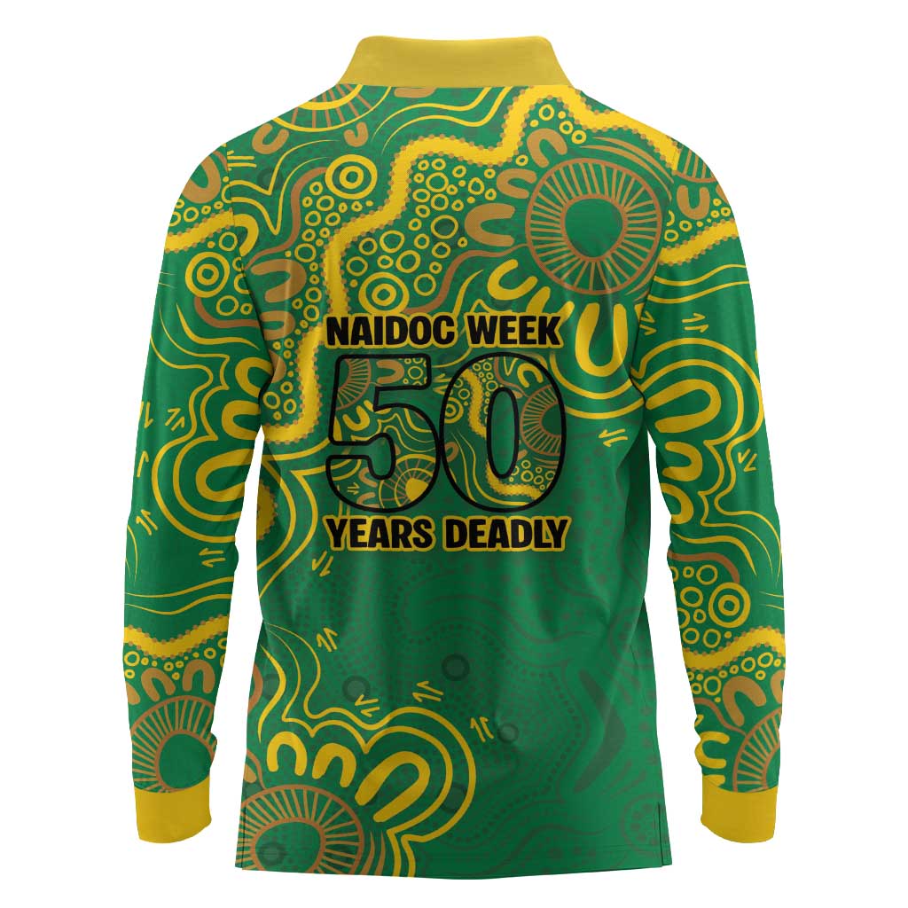 First Nations Darts NAIDOC 2026 Long Sleeve Polo Shirt Aboriginal Dot Art Dartboard Green