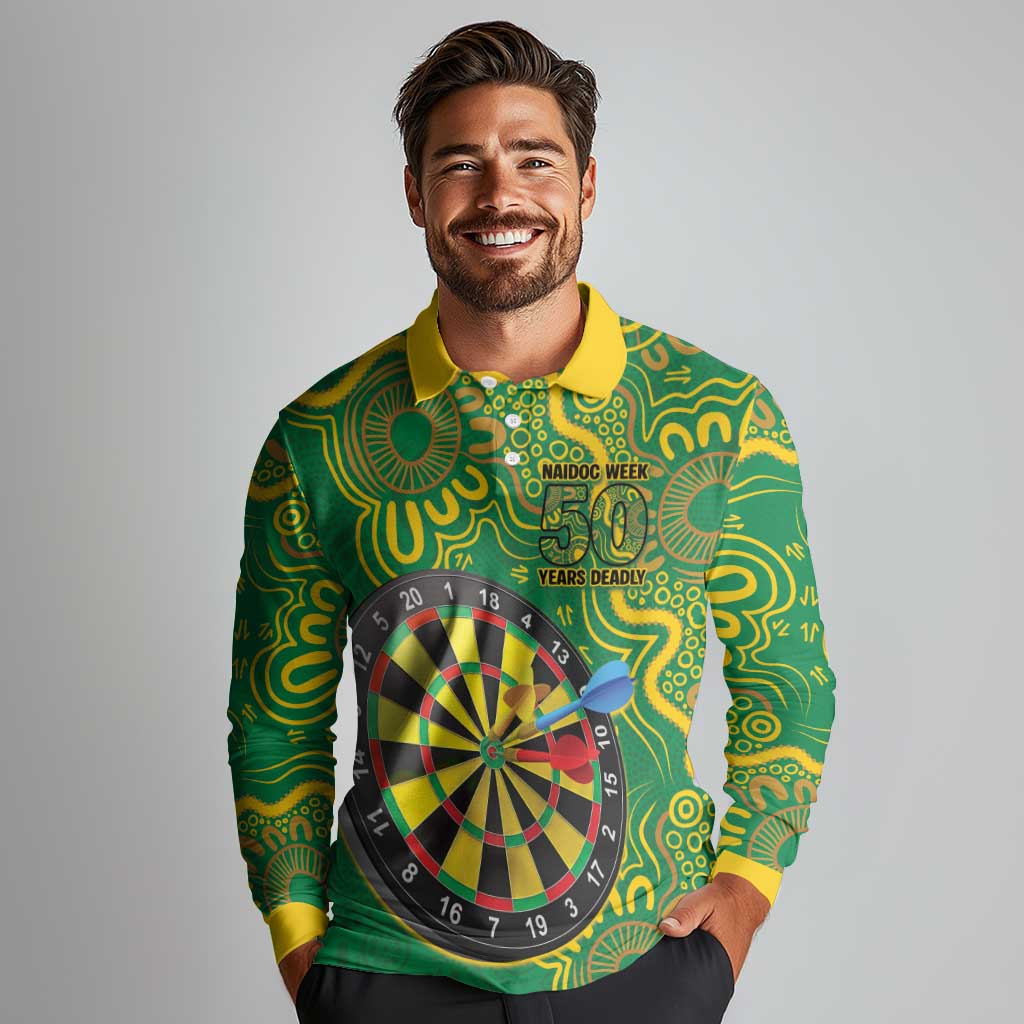 First Nations Darts NAIDOC 2026 Long Sleeve Polo Shirt Aboriginal Dot Art Dartboard Green
