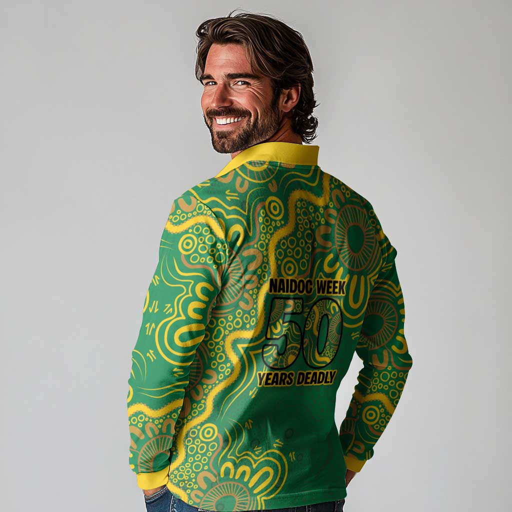 First Nations Darts NAIDOC 2026 Long Sleeve Polo Shirt Aboriginal Dot Art Dartboard Green