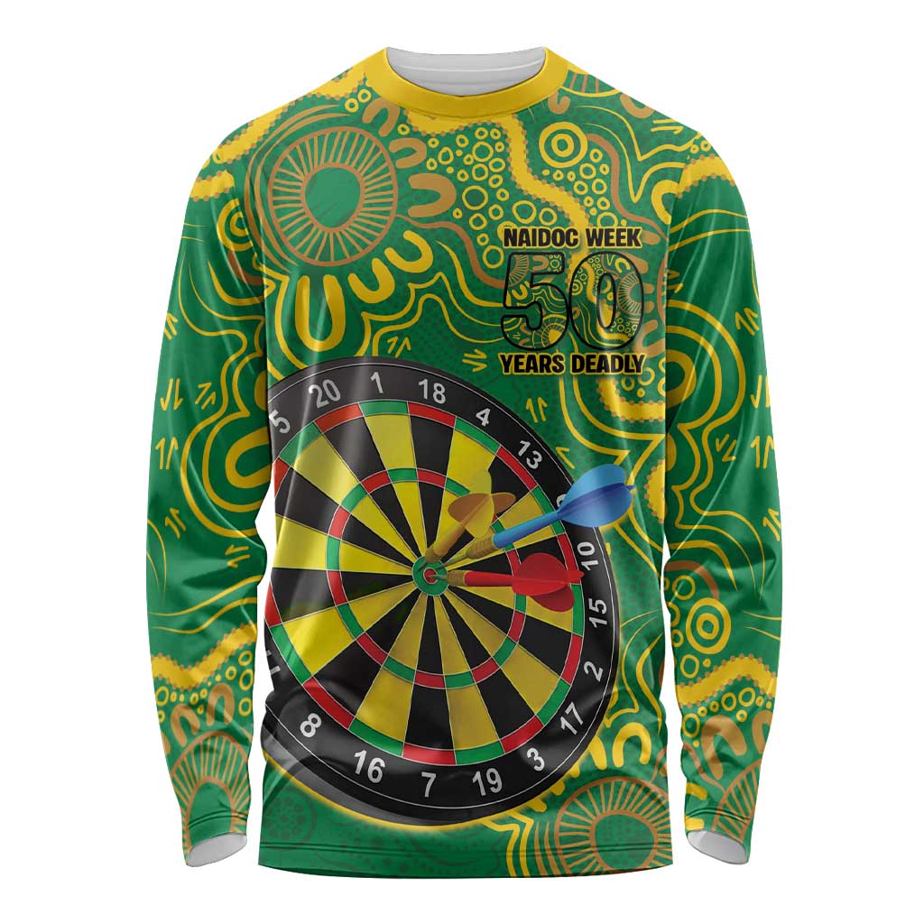 First Nations Darts NAIDOC 2026 Long Sleeve Shirt Aboriginal Dot Art Dartboard Green