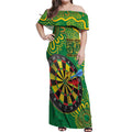 First Nations Darts NAIDOC 2026 Off Shoulder Maxi Dress Aboriginal Dot Art Dartboard Green