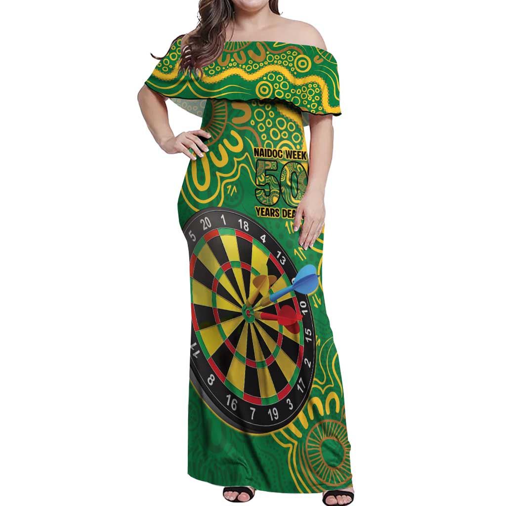 First Nations Darts NAIDOC 2026 Off Shoulder Maxi Dress Aboriginal Dot Art Dartboard Green
