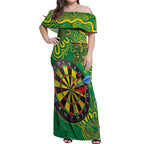 First Nations Darts NAIDOC 2026 Off Shoulder Maxi Dress Aboriginal Dot Art Dartboard Green