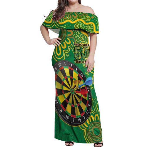 First Nations Darts NAIDOC 2026 Off Shoulder Maxi Dress Aboriginal Dot Art Dartboard Green