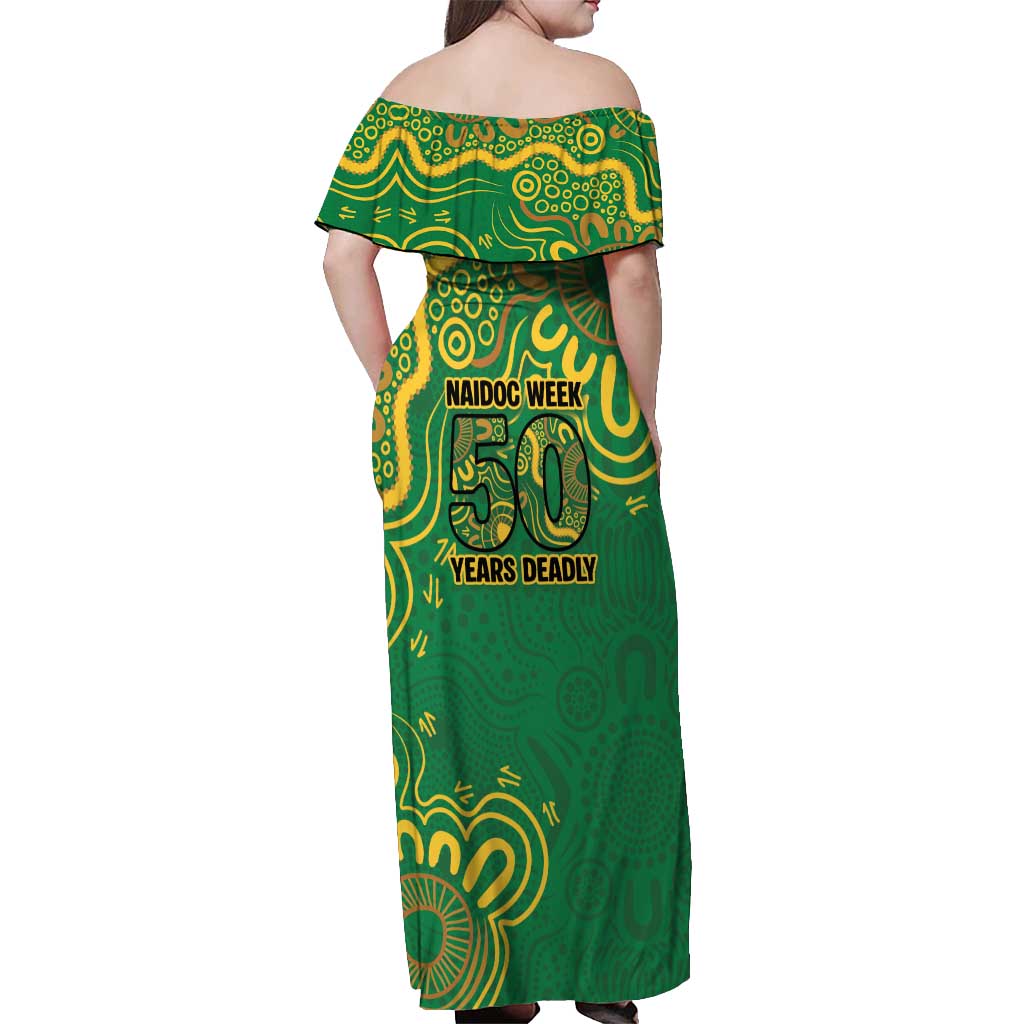 First Nations Darts NAIDOC 2026 Off Shoulder Maxi Dress Aboriginal Dot Art Dartboard Green