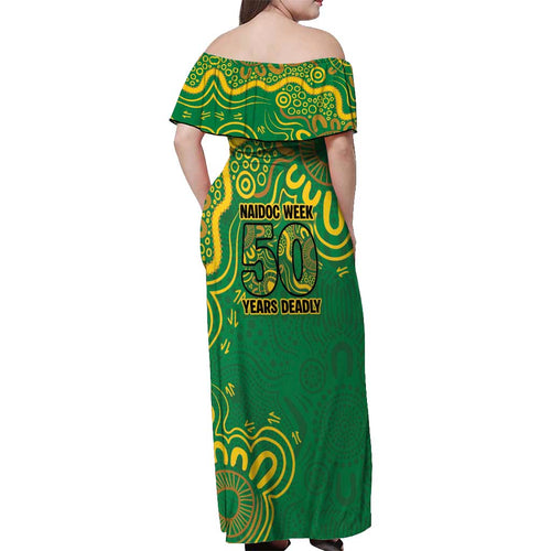 First Nations Darts NAIDOC 2026 Off Shoulder Maxi Dress Aboriginal Dot Art Dartboard Green
