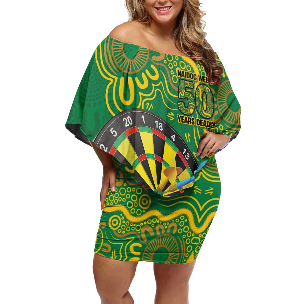 First Nations Darts NAIDOC 2026 Off Shoulder Short Dress Aboriginal Dot Art Dartboard Green