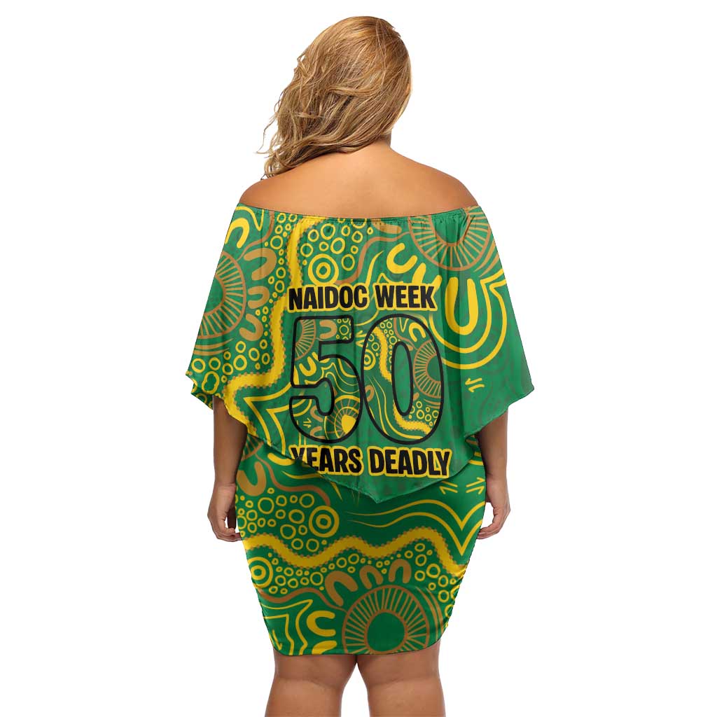 First Nations Darts NAIDOC 2026 Off Shoulder Short Dress Aboriginal Dot Art Dartboard Green