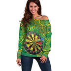 First Nations Darts NAIDOC 2026 Off Shoulder Sweater Aboriginal Dot Art Dartboard Green