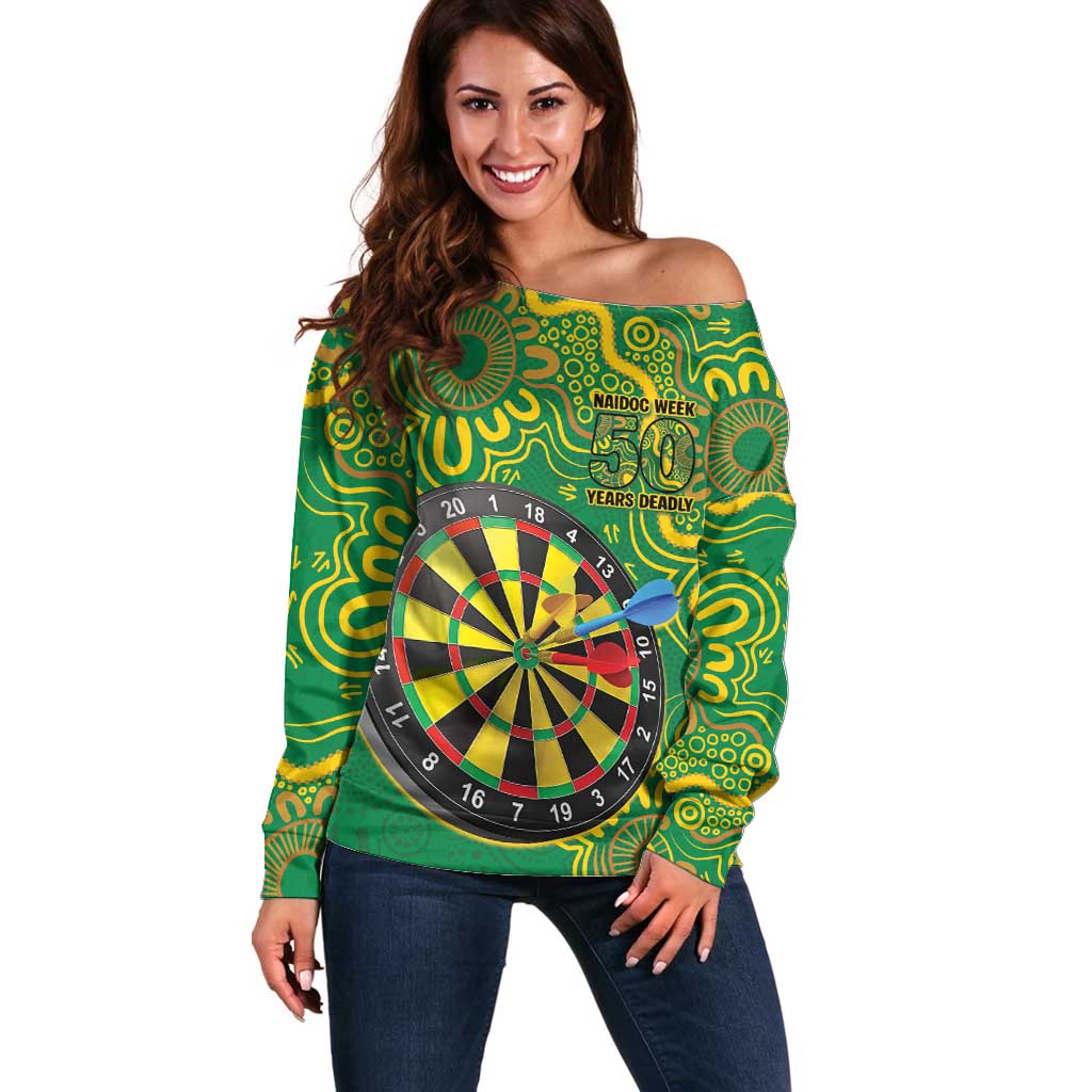 First Nations Darts NAIDOC 2026 Off Shoulder Sweater Aboriginal Dot Art Dartboard Green