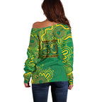 First Nations Darts NAIDOC 2026 Off Shoulder Sweater Aboriginal Dot Art Dartboard Green