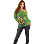 First Nations Darts NAIDOC 2026 Off Shoulder Sweater Aboriginal Dot Art Dartboard Green